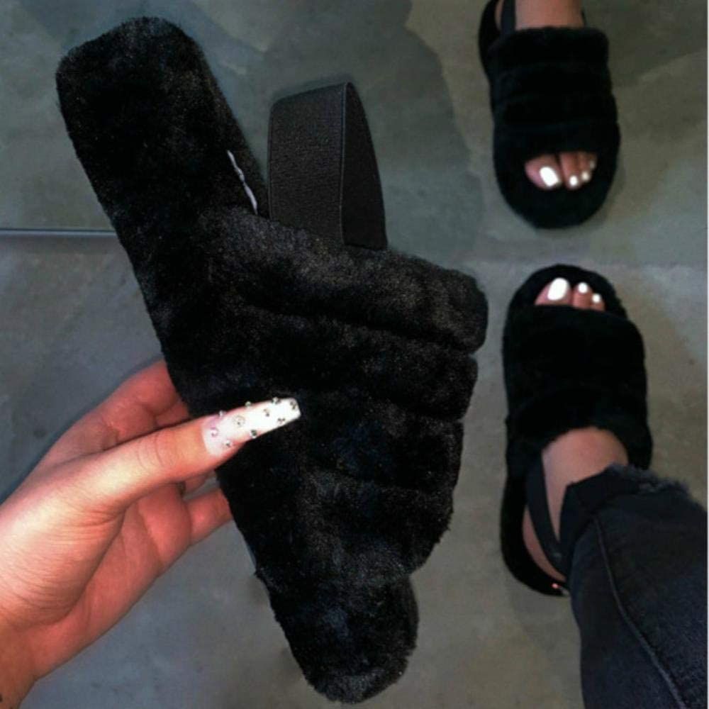 Women Fur Wedge Slippers with Ankle Elastic Band Open Toe Winter Slides Home Slipper Plush Slip-on Fluffy Warm Indoor Slippers Comfortable - Image 48