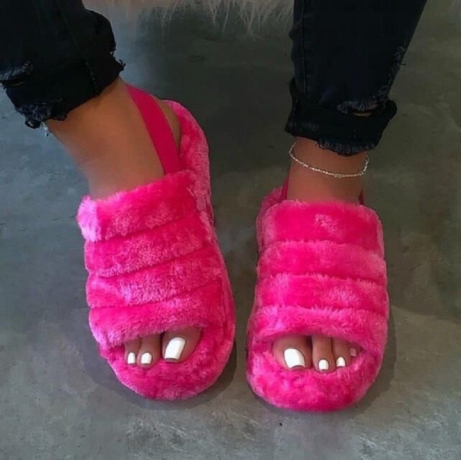 Women Fur Wedge Slippers with Ankle Elastic Band Open Toe Winter Slides Home Slipper Plush Slip-on Fluffy Warm Indoor Slippers Comfortable - Image 2