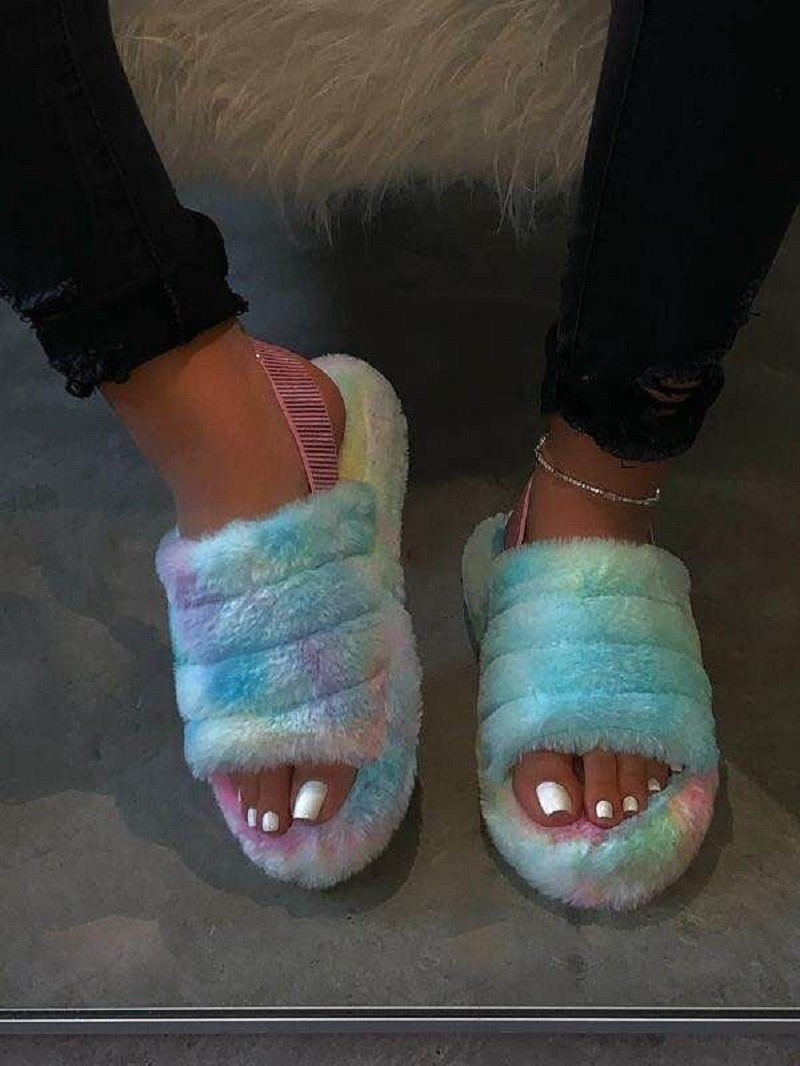 Women Fur Wedge Slippers with Ankle Elastic Band Open Toe Winter Slides Home Slipper Plush Slip-on Fluffy Warm Indoor Slippers Comfortable - Image 14