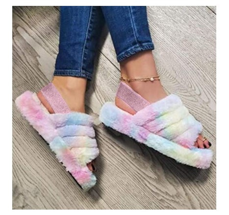 Women Fur Wedge Slippers with Ankle Elastic Band Open Toe Winter Slides Home Slipper Plush Slip-on Fluffy Warm Indoor Slippers Comfortable - Image 70