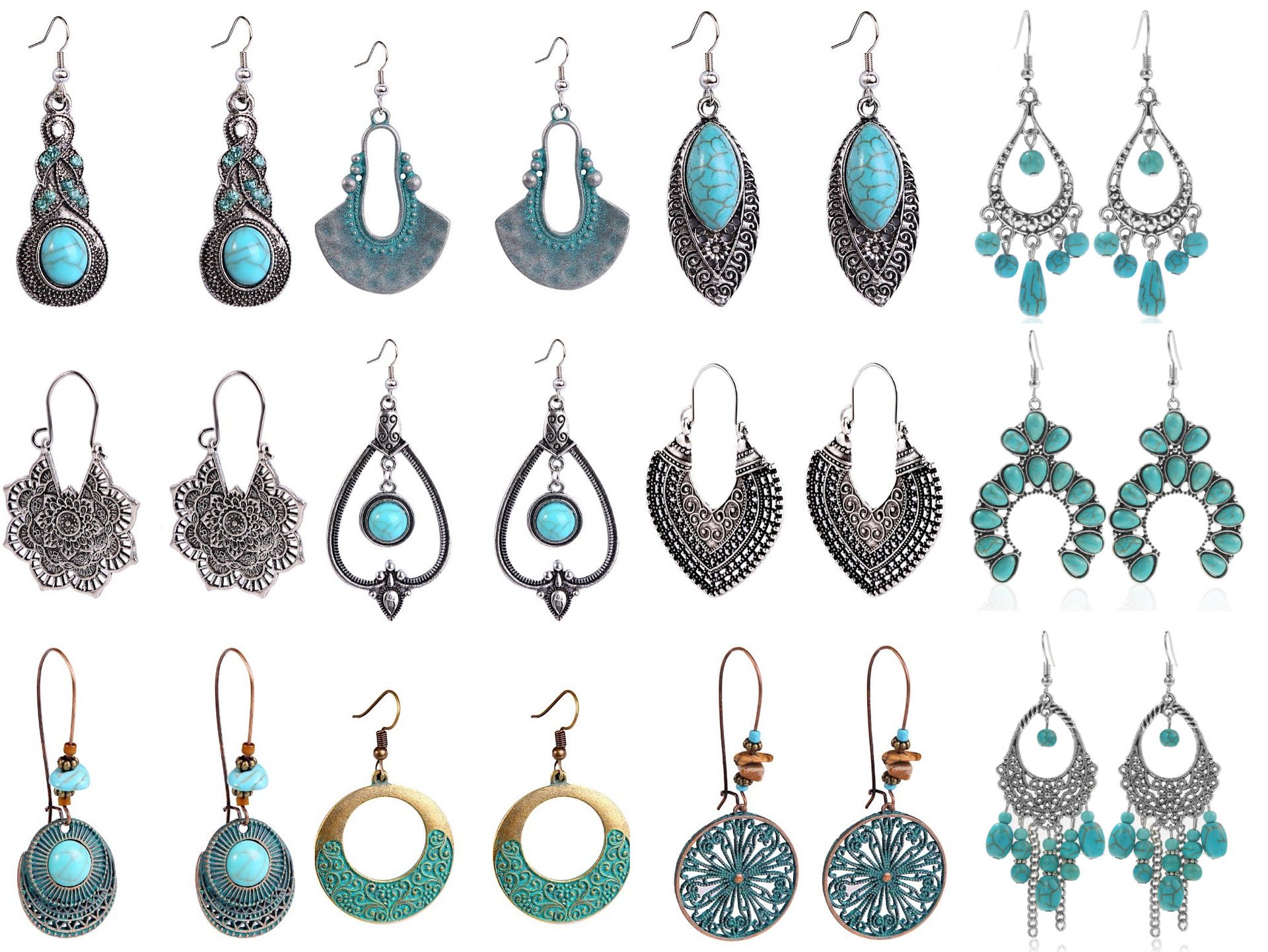 Cross border Amazon ethnic style earrings European and American turquoise vintage national style earrings set Bohemian earrings - Image 4