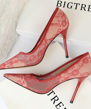 Women Pumps; Sexy heels; women's shoes; stiletto heels; pointed toe heels; mesh cutout lace trims