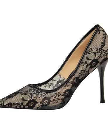 Women Pumps; Sexy heels; women's shoes; stiletto heels; pointed toe heels; mesh cutout lace trims