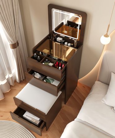 (48cm)(Walnut) 3 in 1 Vanity Desk with Plip Top Mirror,Small Make Up Vanity Set with Visible Glass Desktop, Compact Makeup Vanity with 3 Drawers, Dressing Table, Prime Day, Deals For You Days