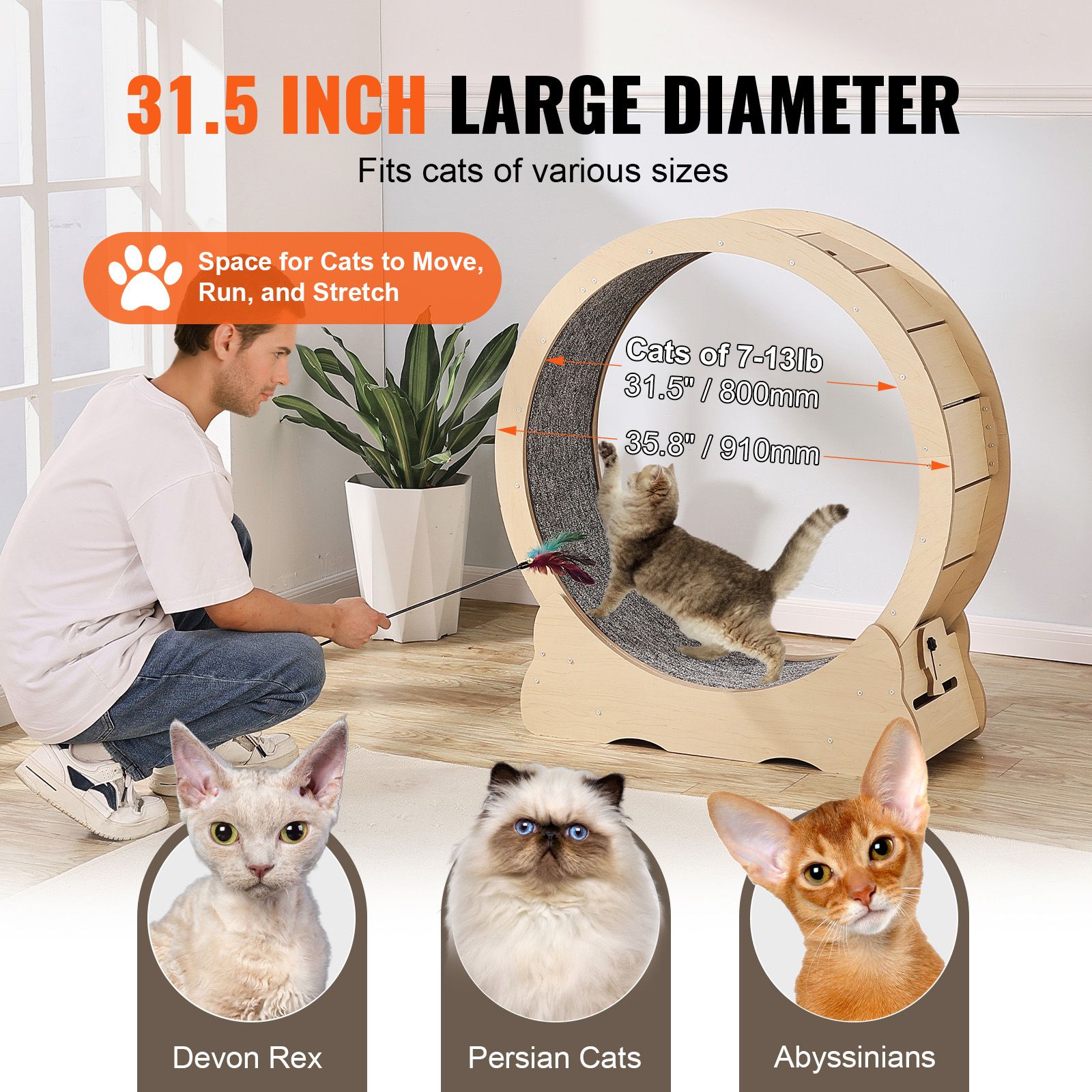 Cat Exercise Wheel, Large Cat Treadmill Wheel for Indoor Cats, 35.8 inch Cat Running Wheel with Detachable Carpet and Cat Teaser for Running/Walking/Training, Suitable for Most Cats - Image 8