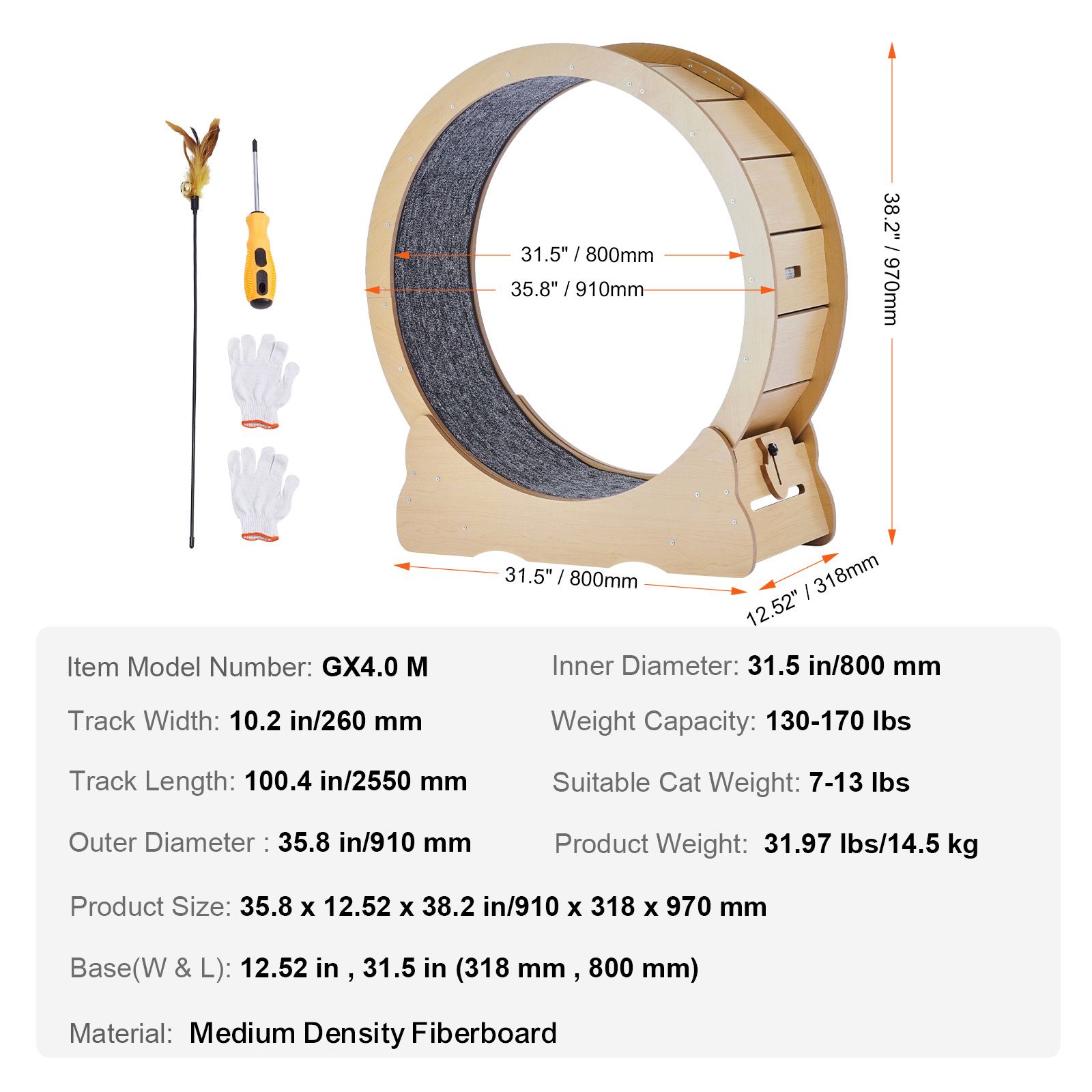 Cat Exercise Wheel, Large Cat Treadmill Wheel for Indoor Cats, 35.8 inch Cat Running Wheel with Detachable Carpet and Cat Teaser for Running/Walking/Training, Suitable for Most Cats - Image 9