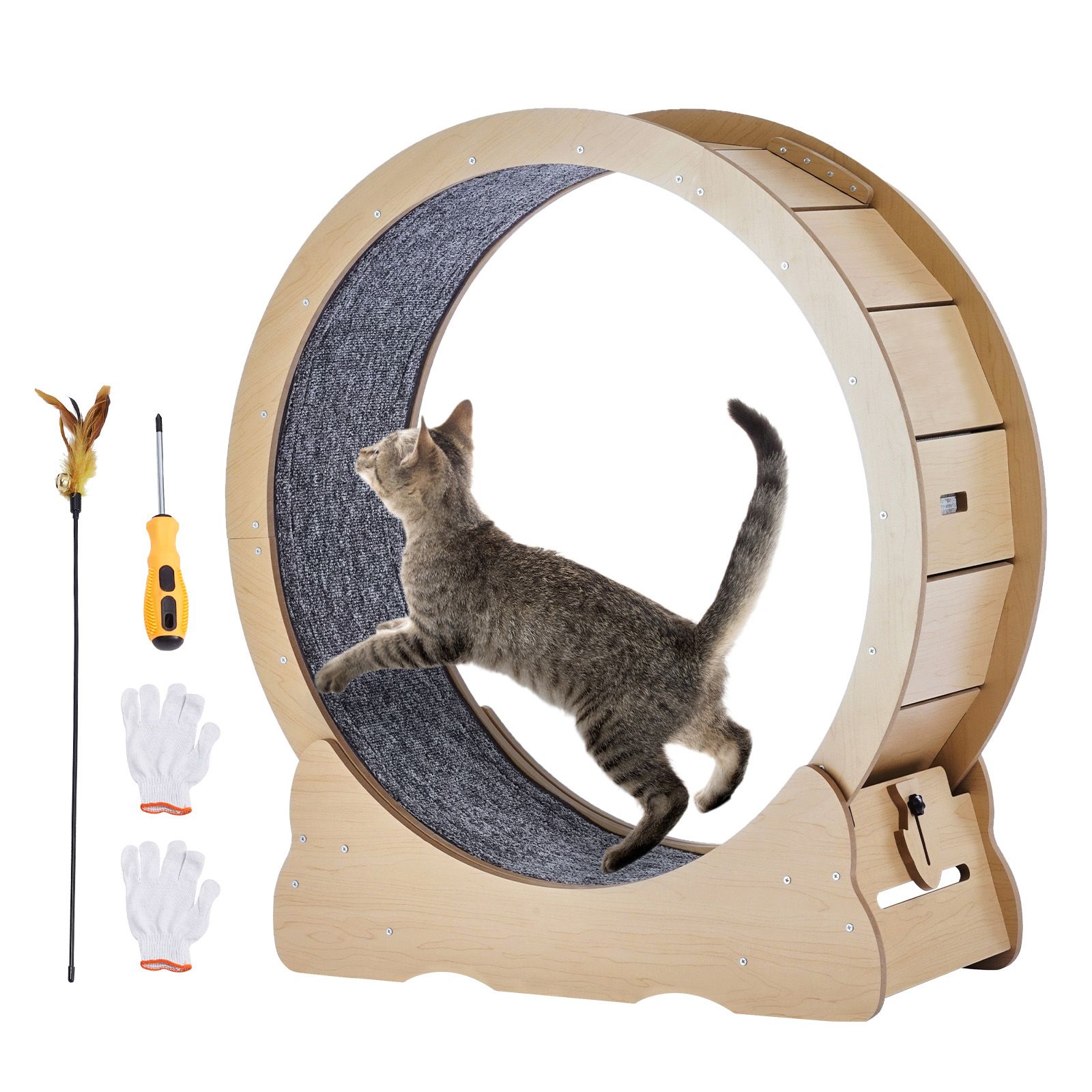 Cat Exercise Wheel, Large Cat Treadmill Wheel for Indoor Cats, 35.8 inch Cat Running Wheel with Detachable Carpet and Cat Teaser for Running/Walking/Training, Suitable for Most Cats