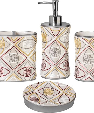Home 4pc Sedona Stylish Bathroom Accessories Set Shower Soap Dispenser, Tumbler, Tooth Brush Holder and Toothpaste Holder, Soap Dish Classic Contemporary Decor Unique Design Modern Bath Set