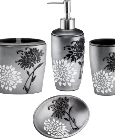 Home 4pc  Bathroom Accessories Sets Modern Classic Soap Dispenser, Tumbler, Tooth Brush Holder and Soap Dish Holder Unique Design Grey Bathroom Set