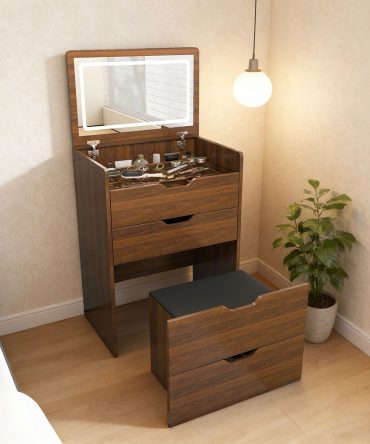 3-in-1 Vanity Desk with Lighted Mirror & Stool, Flip Top Makeup Dressing Table, Compact Storage for Bedroom, Bathroom, Dressing Room(23.62"L, Walnut)