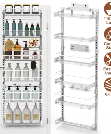 6-Tier Over the Door Pantry Organizer, Large Metal Door Spice Rack, Hanging Heavy-Duty Pantry Door Storage Shelf 10LBS Loading Easy Install Behind Door Storagefor Kitchen and Bathroom, White
