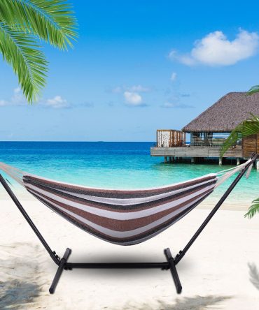 Professional Black & Silver Flowers Hammock Stand with Polyester Coffee Stripe Hammock