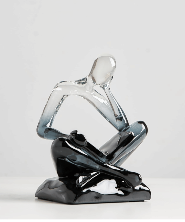 Resin Abstract Sculpture, Meditation & Reading Posture, Modern Home Decor Decor for Desk/Shelf, Art Figurine (Think - Gold Foil Color) (Thinking - Grey Gradient)