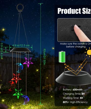 Solar Moon and Star Wind Chime 7 Color Changing Wind Chime for Outside IPX4 Waterproof Outdoor Garden Yard Decor