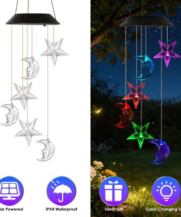 Solar Moon and Star Wind Chime 7 Color Changing Wind Chime for Outside IPX4 Waterproof Outdoor Garden Yard Decor