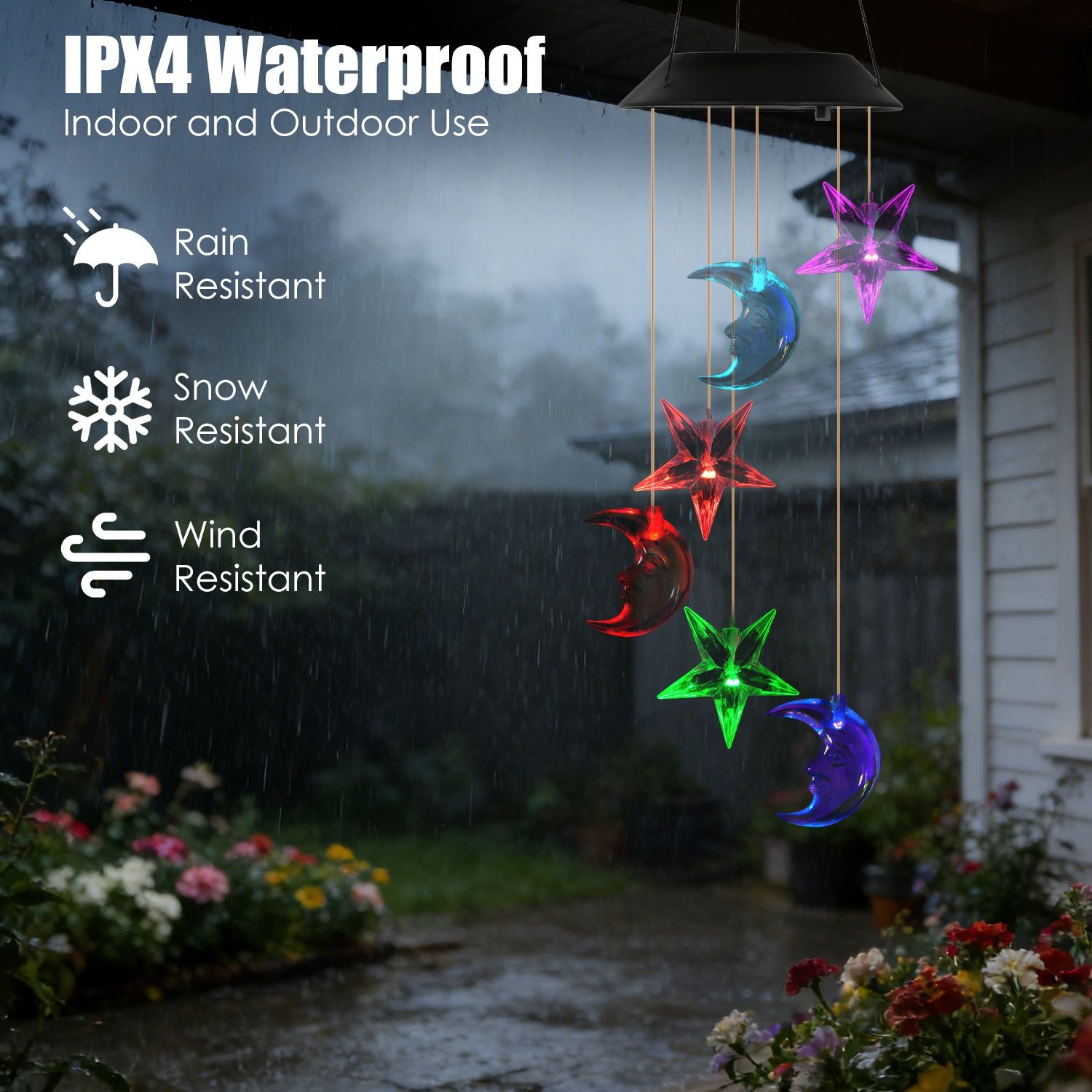 Solar Moon and Star Wind Chime 7 Color Changing Wind Chime for Outside IPX4 Waterproof Outdoor Garden Yard Decor - Image 5