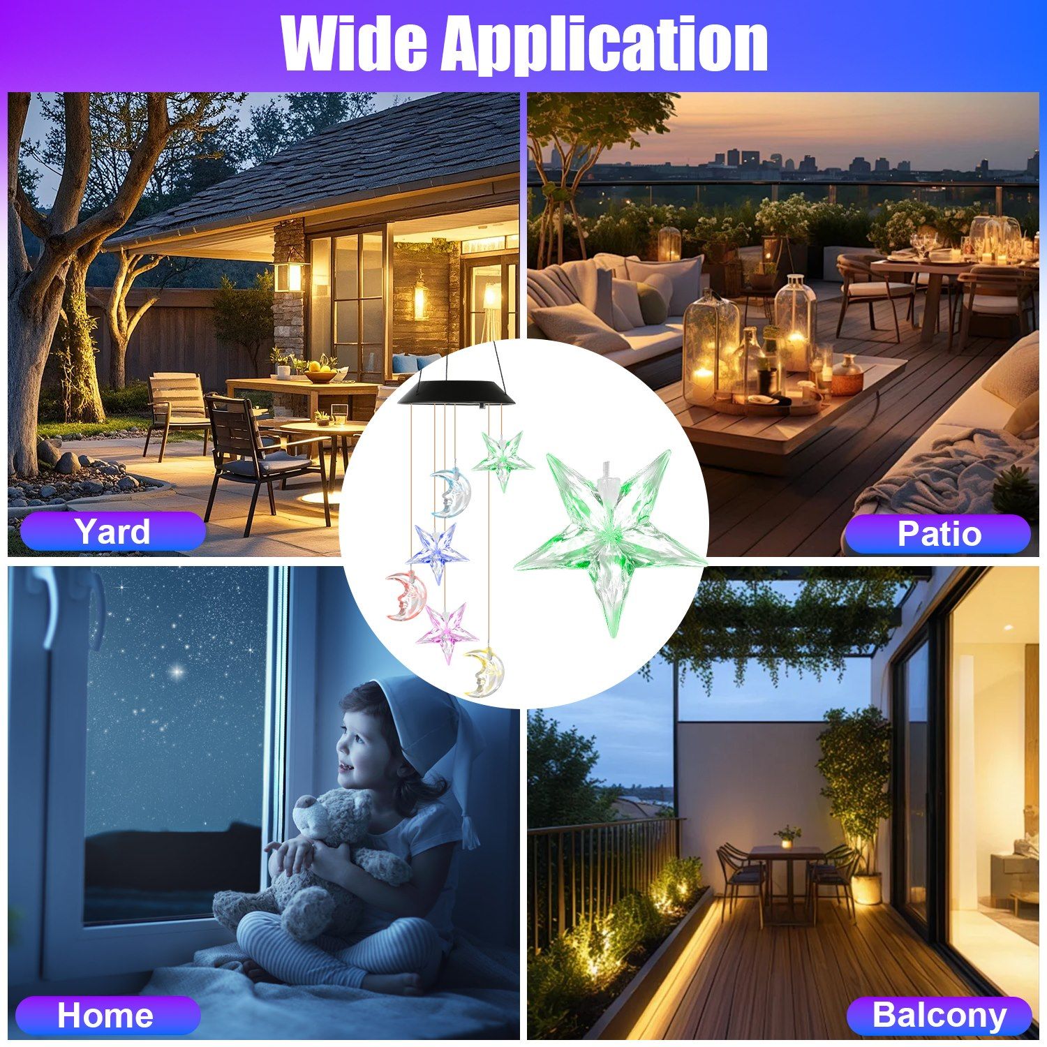 Solar Moon and Star Wind Chime 7 Color Changing Wind Chime for Outside IPX4 Waterproof Outdoor Garden Yard Decor - Image 7