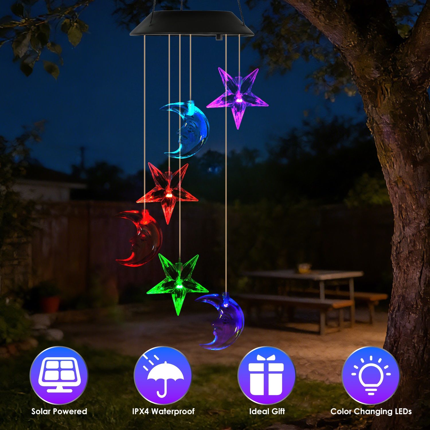 Solar Moon and Star Wind Chime 7 Color Changing Wind Chime for Outside IPX4 Waterproof Outdoor Garden Yard Decor - Image 10