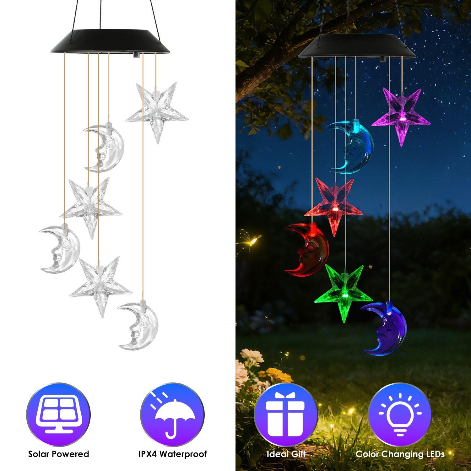 Solar Moon and Star Wind Chime 7 Color Changing Wind Chime for Outside IPX4 Waterproof Outdoor Garden Yard Decor