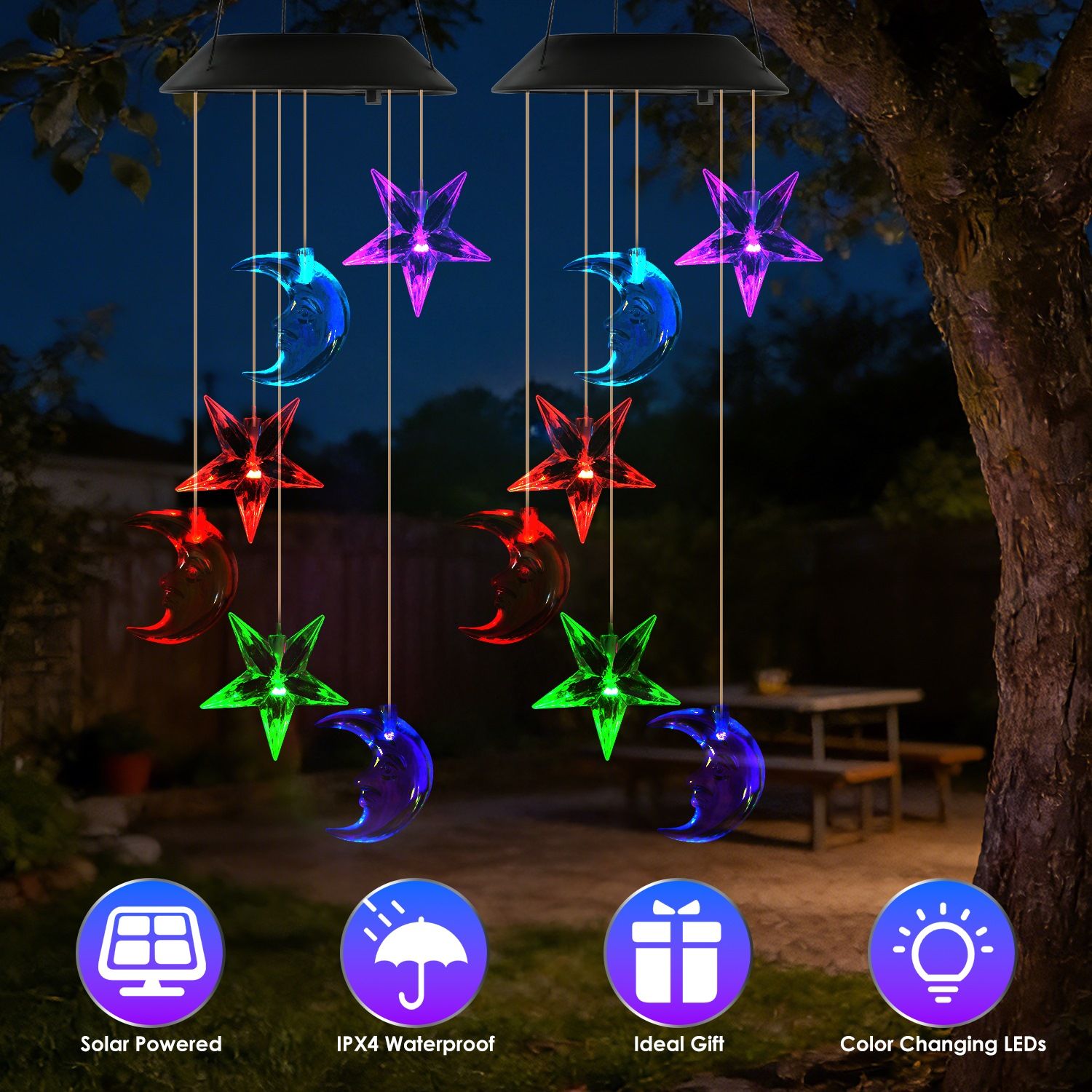 Solar Moon and Star Wind Chime 7 Color Changing Wind Chime for Outside IPX4 Waterproof Outdoor Garden Yard Decor - Image 13