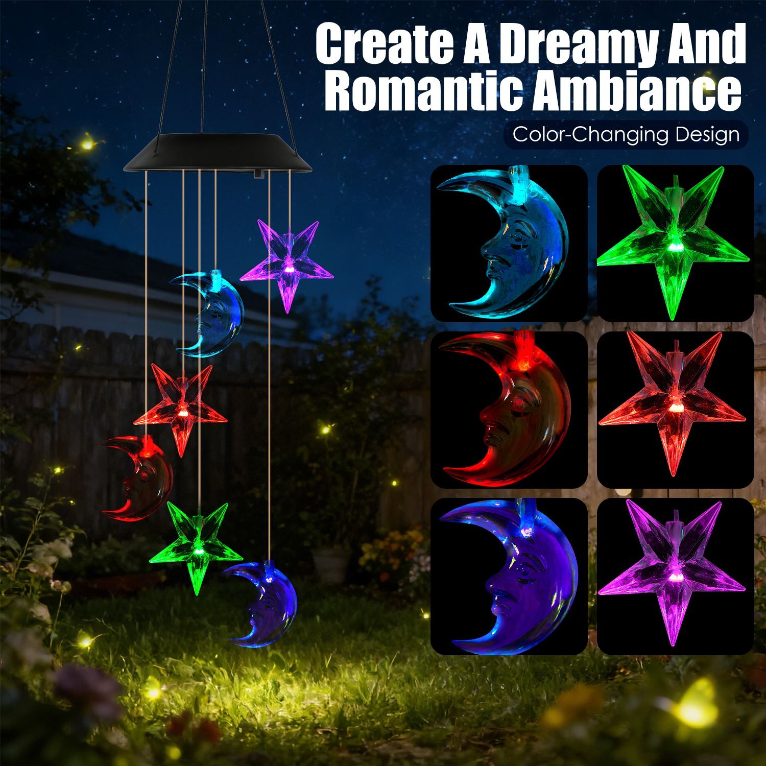 Solar Moon and Star Wind Chime 7 Color Changing Wind Chime for Outside IPX4 Waterproof Outdoor Garden Yard Decor - Image 15