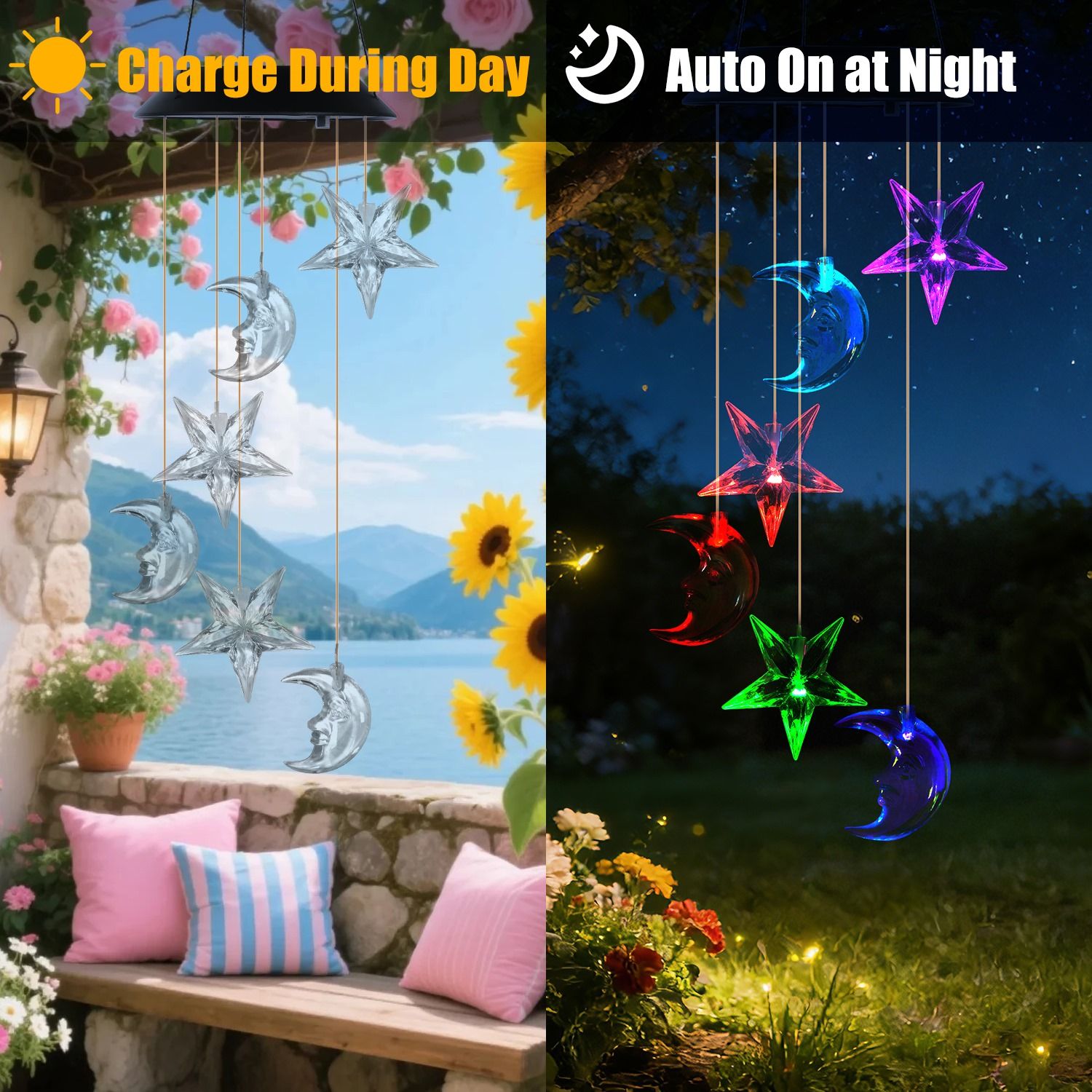 Solar Moon and Star Wind Chime 7 Color Changing Wind Chime for Outside IPX4 Waterproof Outdoor Garden Yard Decor - Image 16