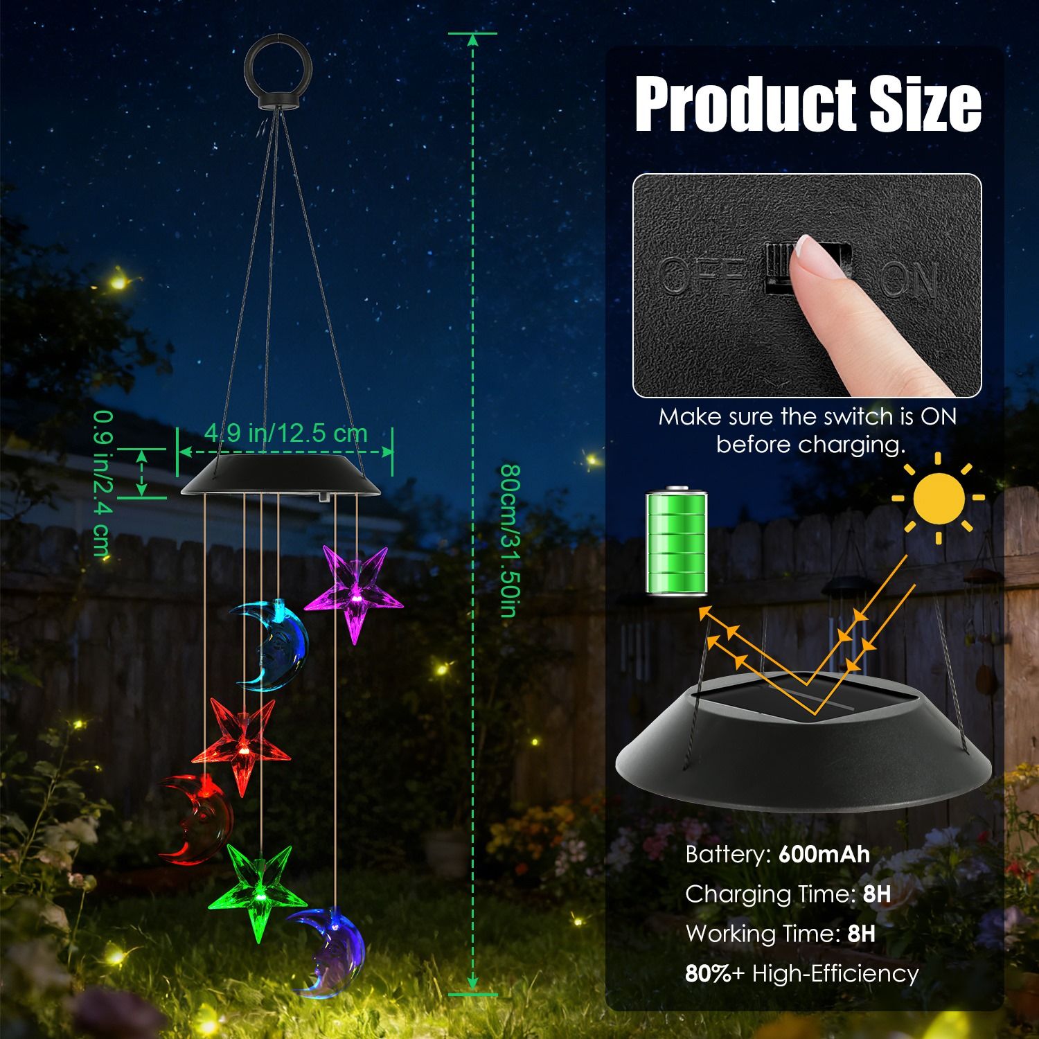 Solar Moon and Star Wind Chime 7 Color Changing Wind Chime for Outside IPX4 Waterproof Outdoor Garden Yard Decor - Image 14