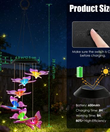 Solar Butterfly Wind Chime 7 Color Changing Wind Chime for Outside IPX4 Waterproof Outdoor Garden Yard Decor