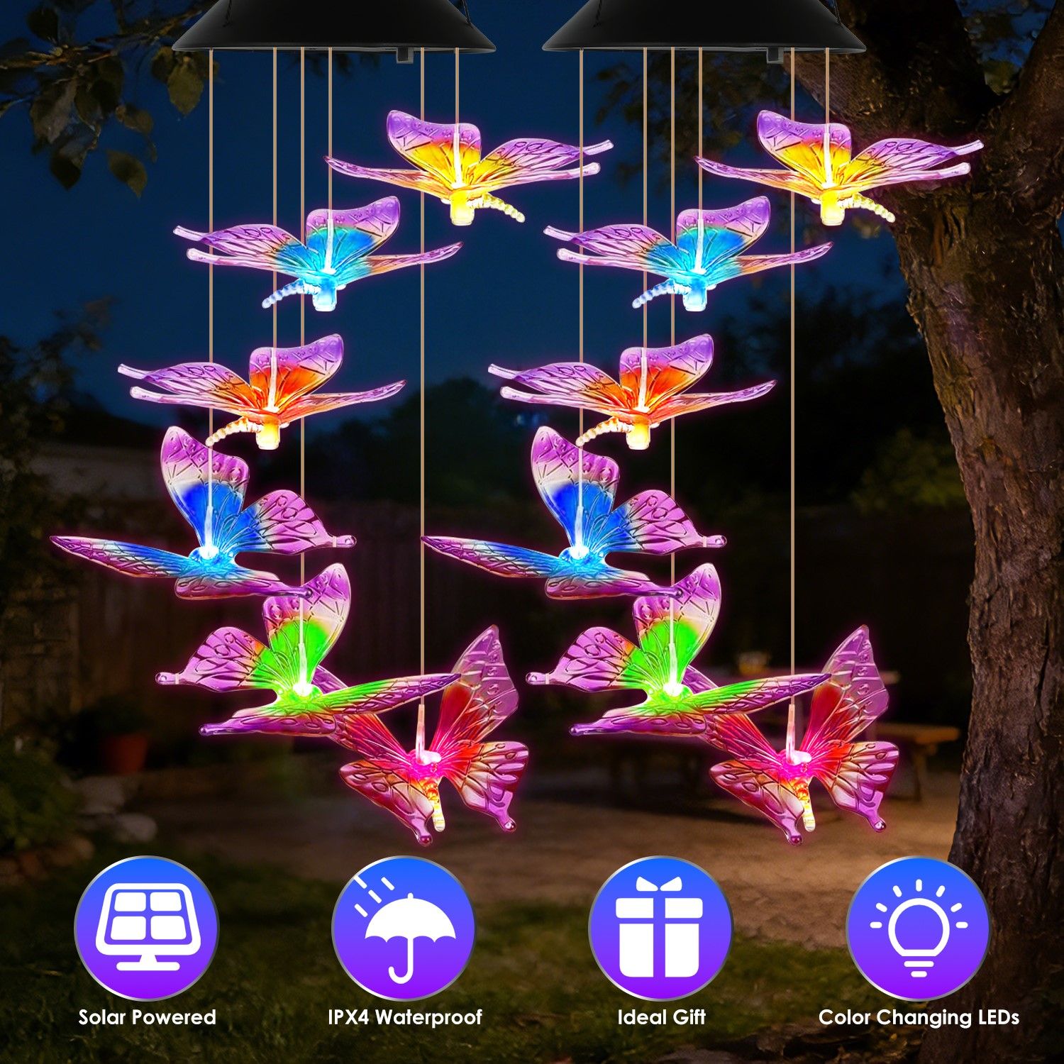 Solar Butterfly Wind Chime 7 Color Changing Wind Chime for Outside IPX4 Waterproof Outdoor Garden Yard Decor