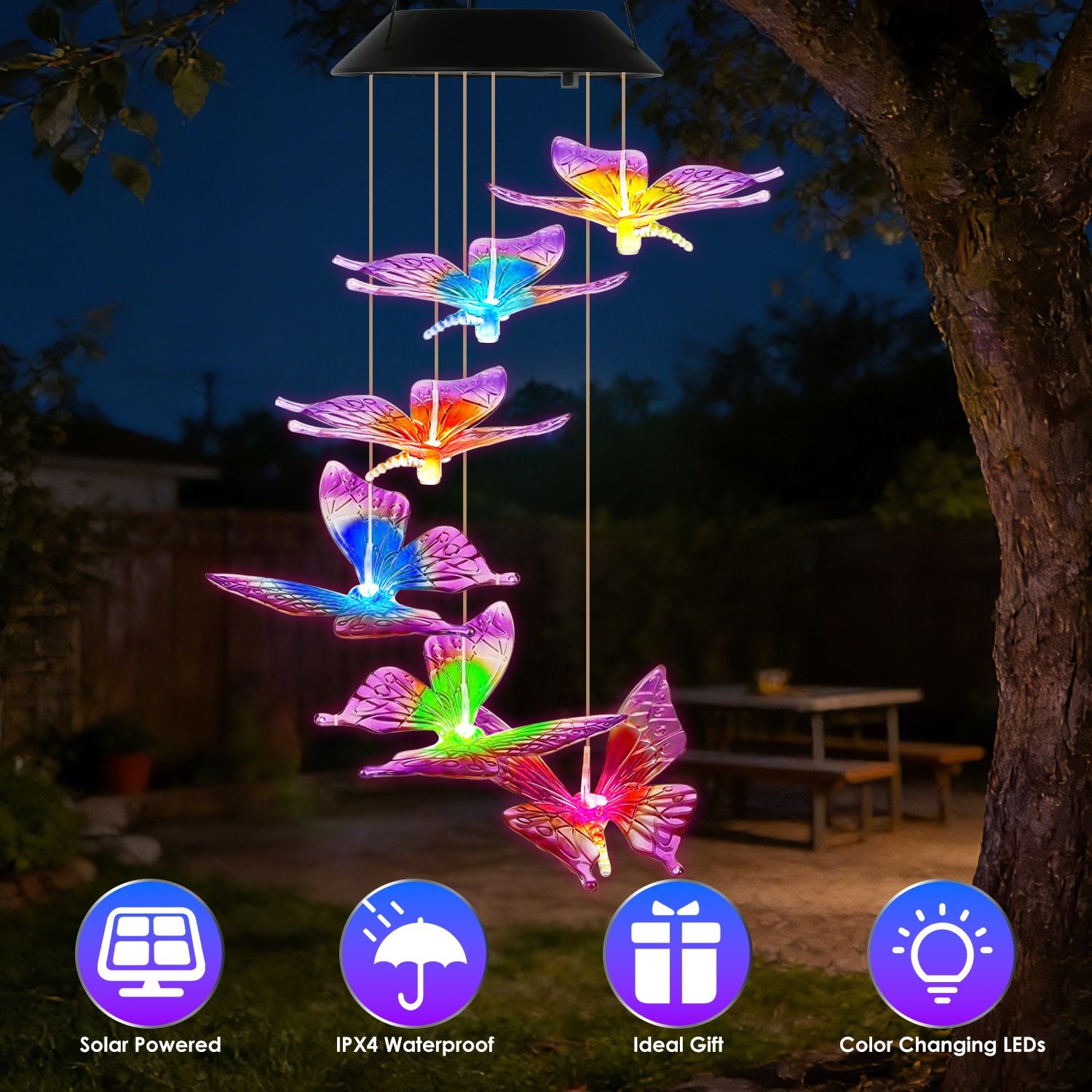 Solar Butterfly Wind Chime 7 Color Changing Wind Chime for Outside IPX4 Waterproof Outdoor Garden Yard Decor - Image 28