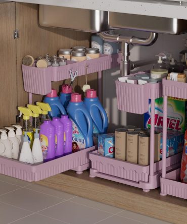 3 Pack Multi-Purpose Under Sink Organizers and Storage, 2026 L-Shaped Pull Out Cabinet Organizer for Bathroom & Kitchen, Under Cabinet Organizer with Hooks Hanging Cup (Pink, 12.85 inch)