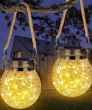 Solar Lantern Crackle Glass Ball, 2 Pack Garden Hanging Solar Lights Outdoor Waterproof Lanterns with 30 Warm White LED for Outdoor Decor Patio Yard Lawn Pathway