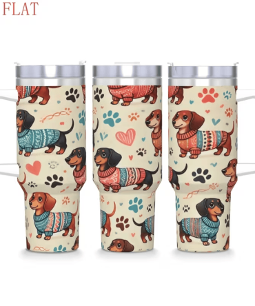 1pc 2D Flat Printed Dachshund Tumbler, Stainless Steel Car Cup with Retro Polka Dot & Paw Print, Cute Vintage Sweater Dog Water Bottle