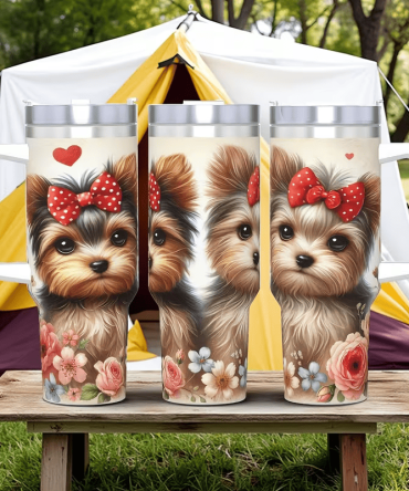1pc Cute Bow Yorkshire Terrier Tumbler, Floral Printed Stainless Steel Car Cup, Adorable Pet Water Bottle for Dog Lovers, Portable Girly Travel Mug