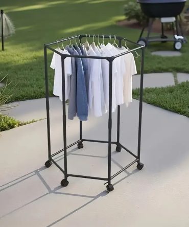 360° Rotating Hexagonal Clothes Rack with Wheels, Heavy-Duty Metal Garment Organizer, Space-Saving Wardrobe Storage Stand for Bedroom, Dorm, Balcony, Large Capacity Clothing Hanger