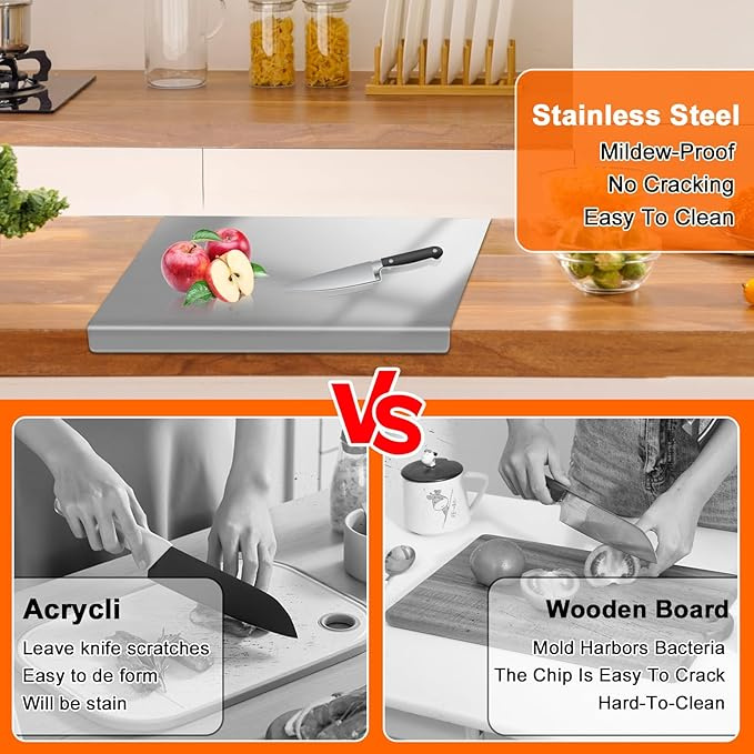 Stainless Steel Cutting Board with Lip for Kitchen Chopping Boards for Countertop Large Metal Cutting Board over Sink Suitable for Meat Fruits Vegetables Bread Noodle and Pizza Bamboo Knives - Image 3