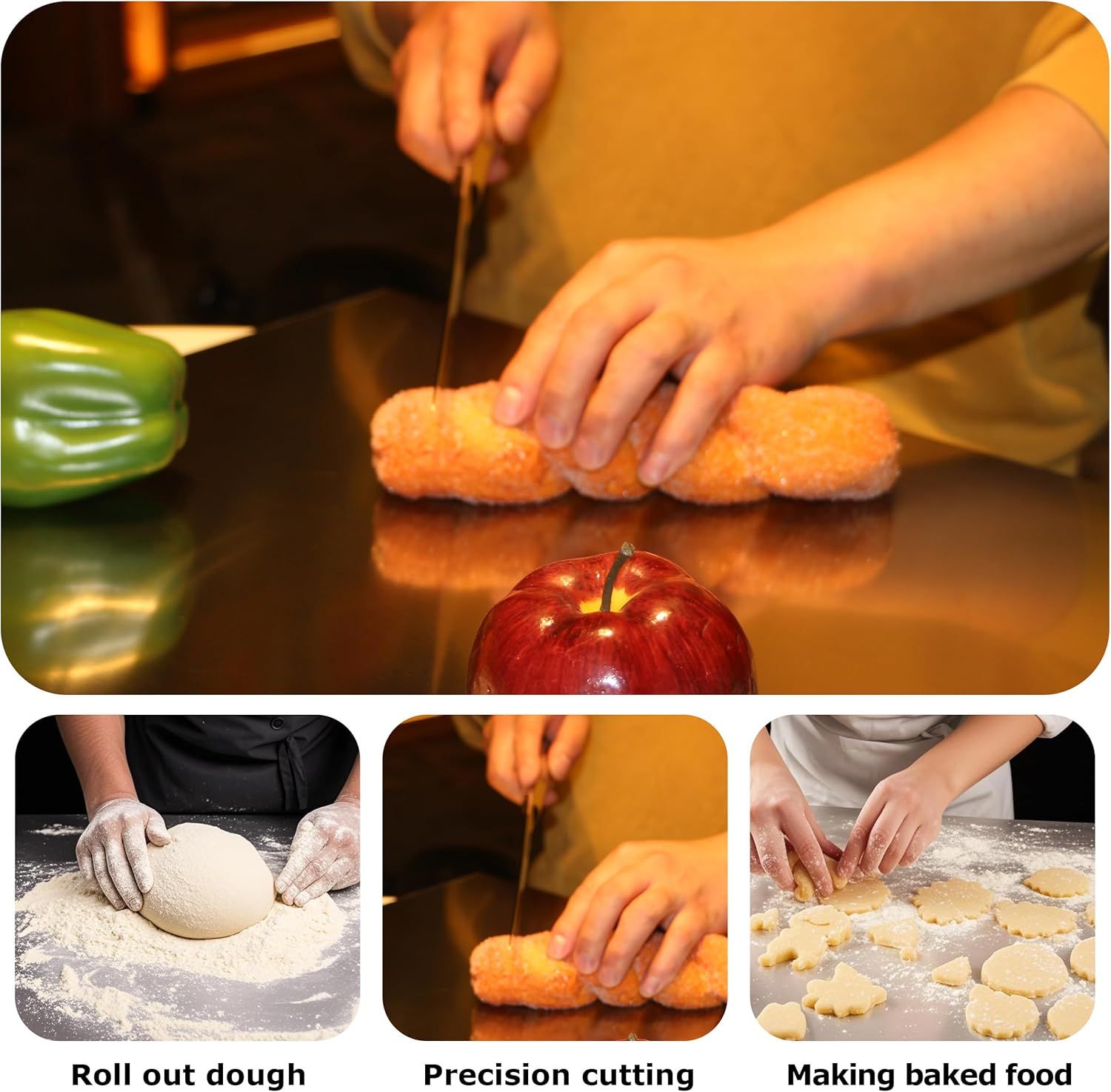 Stainless Steel Cutting Board with Lip for Kitchen Chopping Boards for Countertop Large Metal Cutting Board over Sink Suitable for Meat Fruits Vegetables Bread Noodle and Pizza Bamboo Knives - Image 4