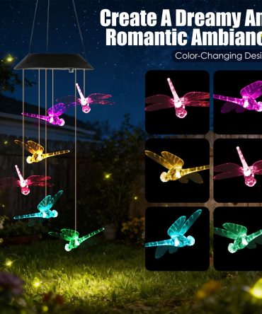 Outdoor Hanging Dragonfly Solar Wind Chimes, Color Changing LED Light, Waterproof Wind Chime for Patio Lawn Window Decoration