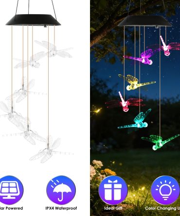 Outdoor Hanging Dragonfly Solar Wind Chimes, Color Changing LED Light, Waterproof Wind Chime for Patio Lawn Window Decoration