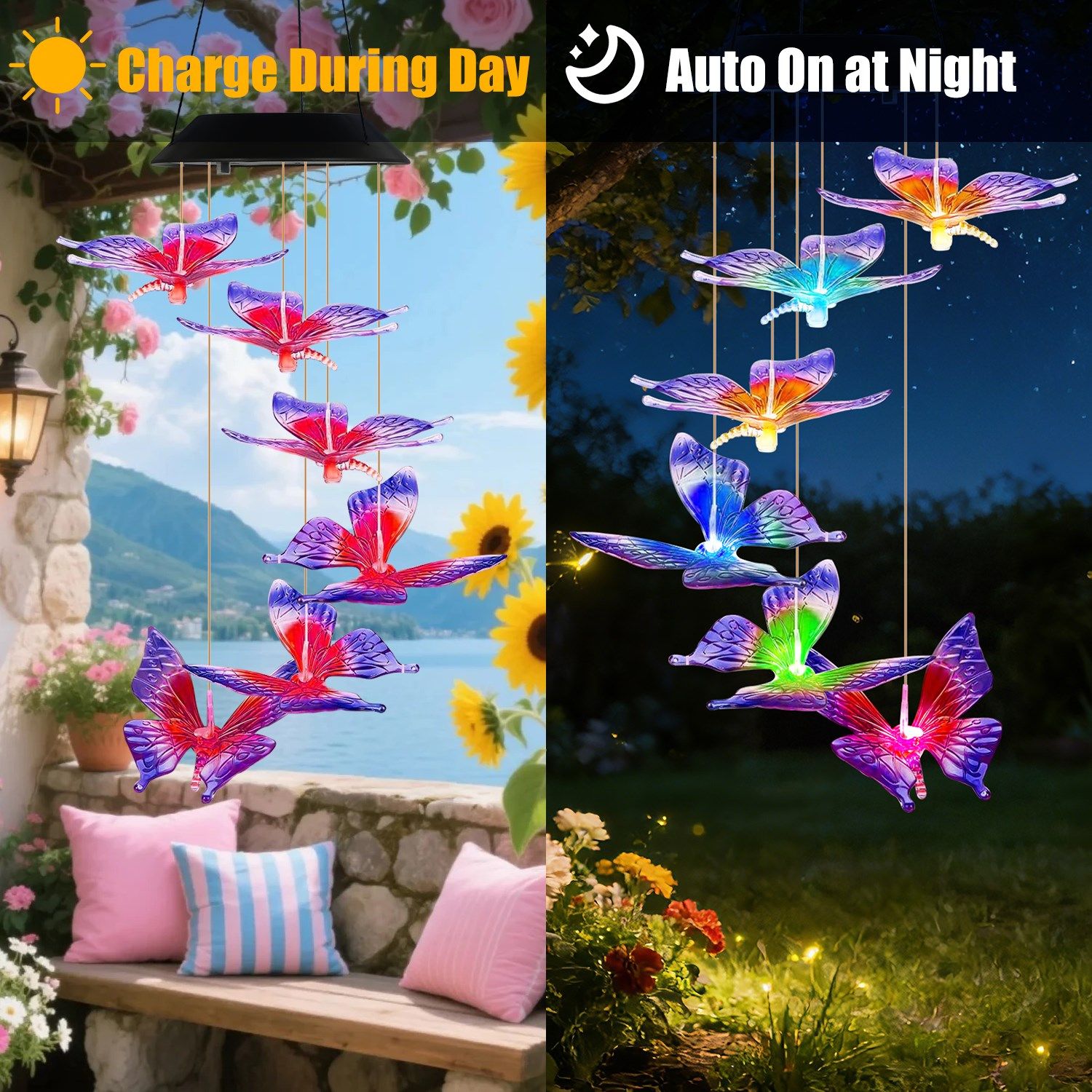 Outdoor Solar Wind Chimes with Butterfly Design, Color Changing LED Light, Waterproof Wind Chime for Garden & Home Decoration - Image 13