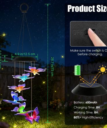 Outdoor Solar Wind Chimes with Butterfly Design, Color Changing LED Light, Waterproof Wind Chime for Garden & Home Decoration