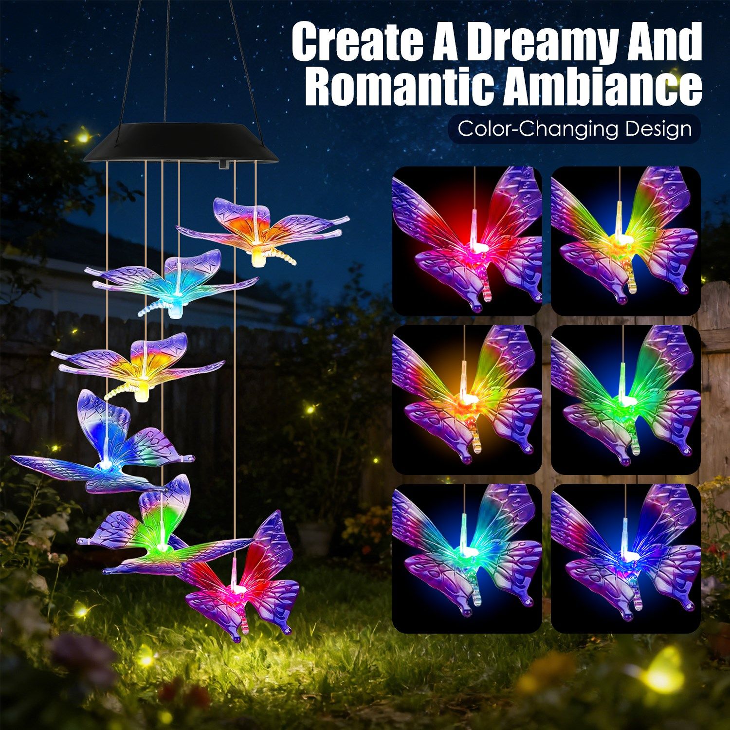 Outdoor Solar Wind Chimes with Butterfly Design, Color Changing LED Light, Waterproof Wind Chime for Garden & Home Decoration - Image 3