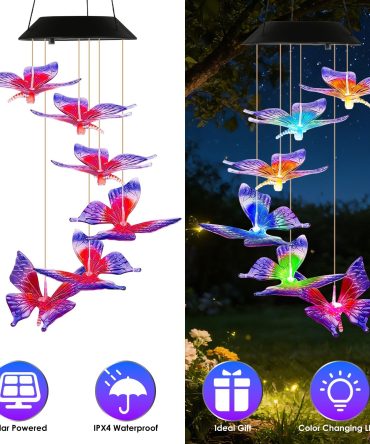 Outdoor Solar Wind Chimes with Butterfly Design, Color Changing LED Light, Waterproof Wind Chime for Garden & Home Decoration