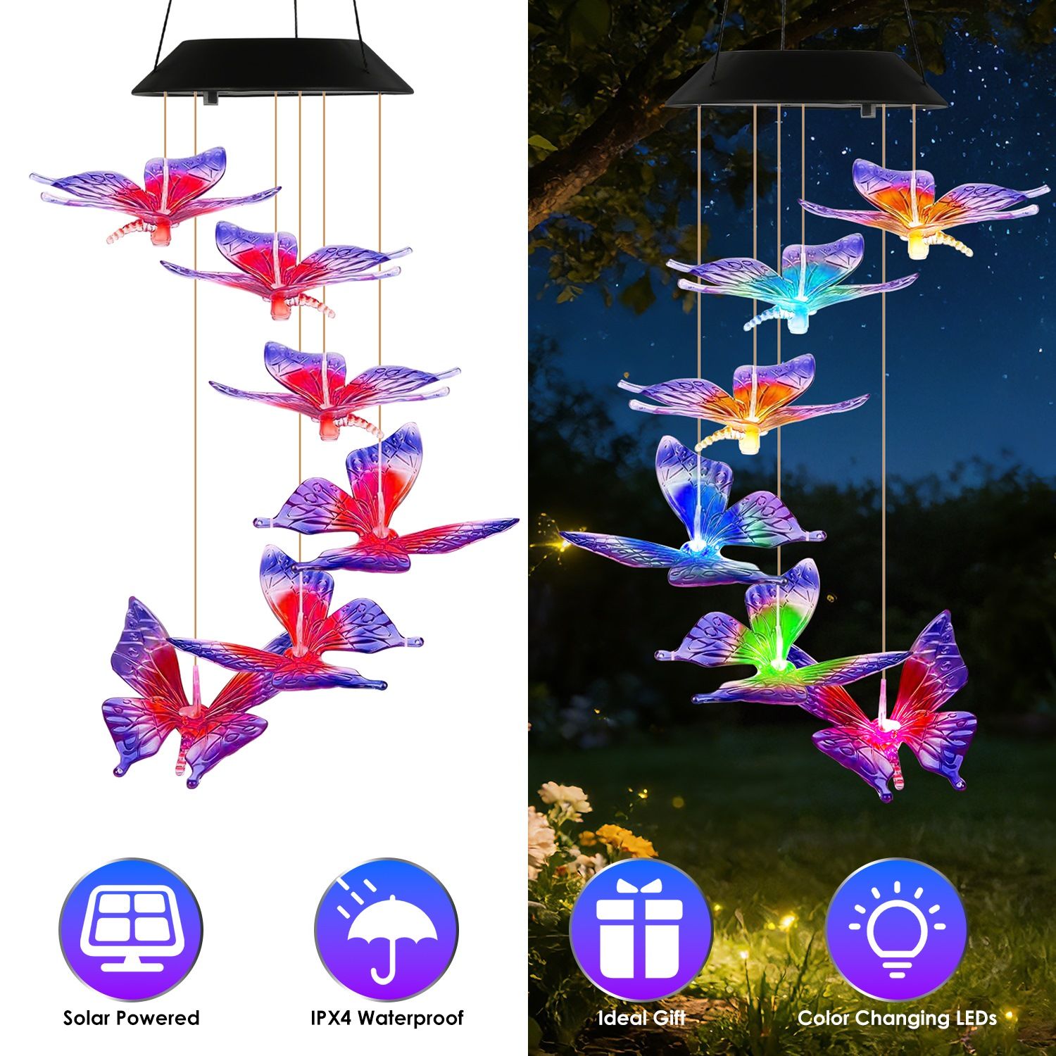 Outdoor Solar Wind Chimes with Butterfly Design, Color Changing LED Light, Waterproof Wind Chime for Garden & Home Decoration