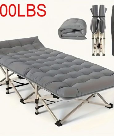 75-inch heavy-duty queen-size folding bed, 10-leg design for stable support, portable camping bed with side pockets and mattress, winter camping equipment