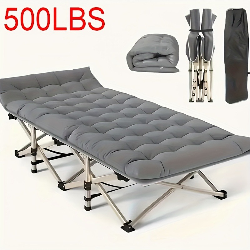 75-inch heavy-duty queen-size folding bed, 10-leg design for stable support, portable camping bed with side pockets and mattress, winter camping equipment