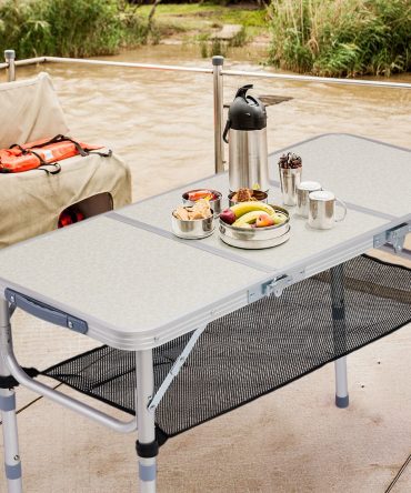 Portable Adjustable Height Folding Table with Mesh Storage Shelf – Lightweight Aluminum Camping Table, 3 Height Settings, Foldable Outdoor Picnic Table with Carry Handle for Patio, Beach, Camping