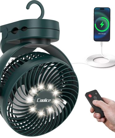 Camping Fan with Remote Control - 12000mAh Rechargeable Battery Powered Fan, Camping Fans for Tents with LED light & Hanging Hook, Rechargeable Battery Operated Ceiling Fans for Tent RV Bed