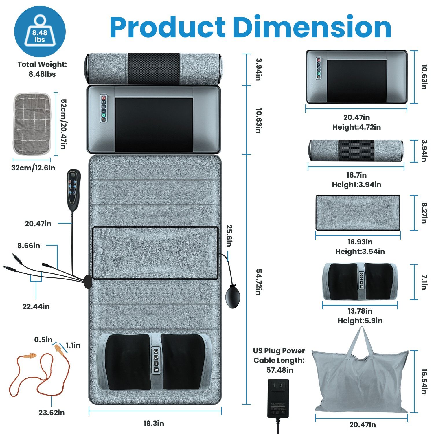 Full Body Electric Massage Mat Heating Vibration Massage Pad Cushion Back Massage Mattress Chair Pad with Neck Foot Massage Head Pillow and Cloth Lumbar Pillow Timer Anti-Slip Bottom Earplugs - Image 12
