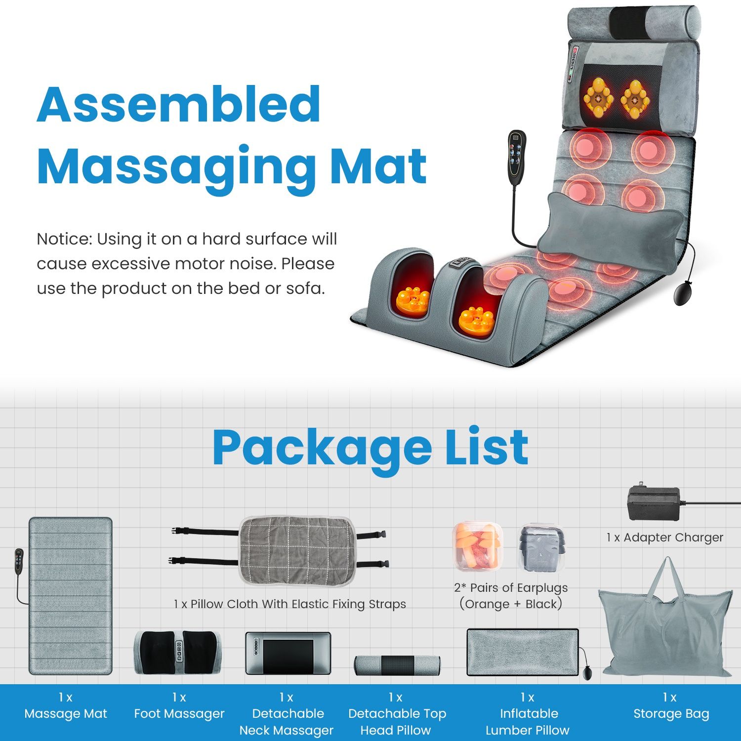 Full Body Electric Massage Mat Heating Vibration Massage Pad Cushion Back Massage Mattress Chair Pad with Neck Foot Massage Head Pillow and Cloth Lumbar Pillow Timer Anti-Slip Bottom Earplugs - Image 3